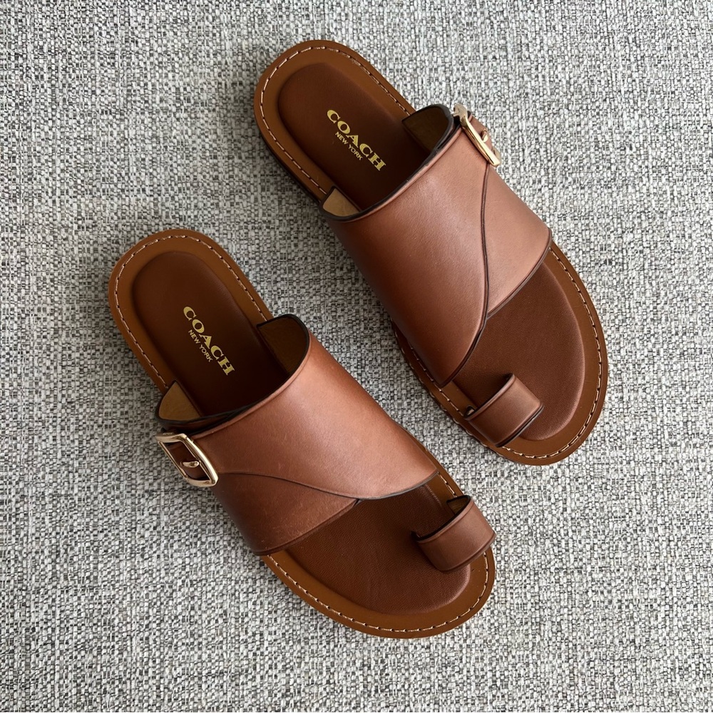 Coach Alexa Leather Flat Sandals Saddle Brown Size 7 Slides NEW IN BOX